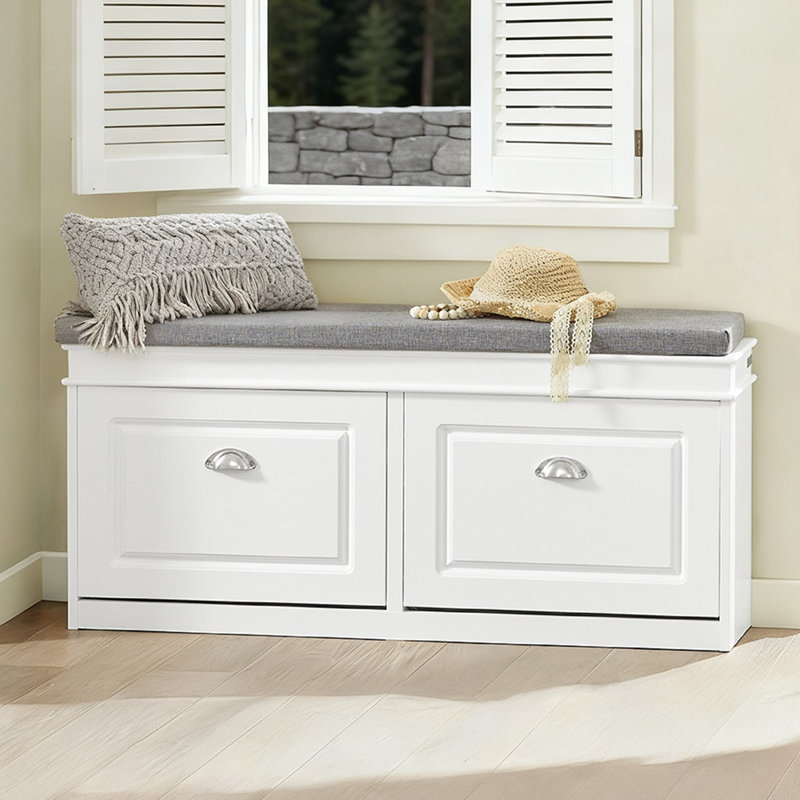 White Narrow Shoe Storage Bench with Flip Drawers, Cushioned Seat, and Hidden Organizer for Entryway and Hallway, 40.9"W x 9.4"D x 20"H