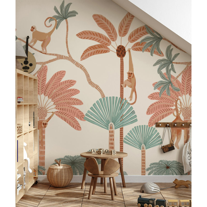 Papier peint vert jungle Playful Monkey Palm, L 115 po x l 225 po