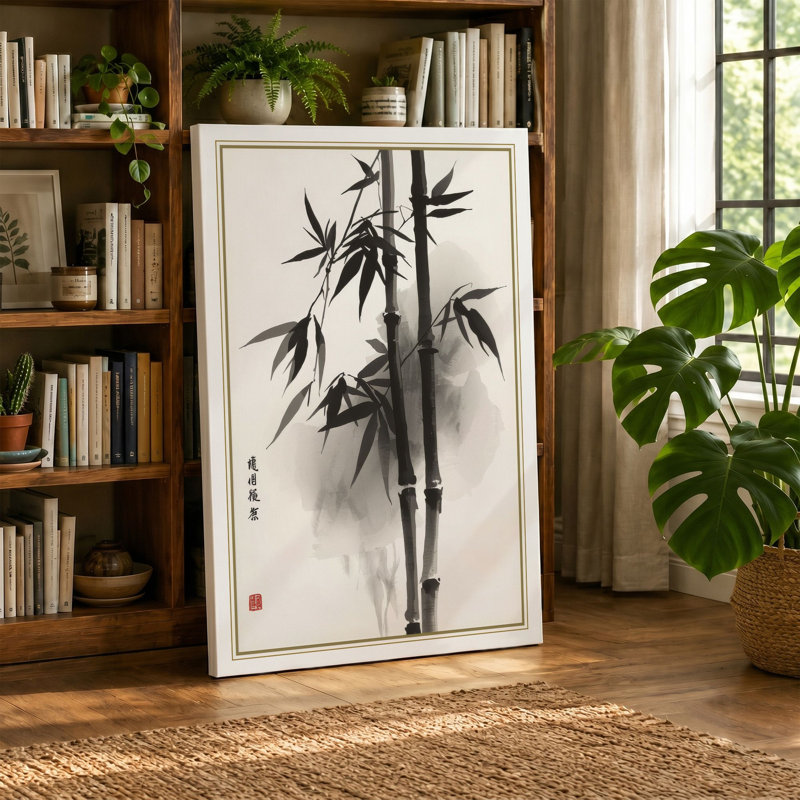 Bamboo in Mist Japandi - Wrapped Canvas, 24x16 - 61.0 x 40.6 cm, Terracotta Border
