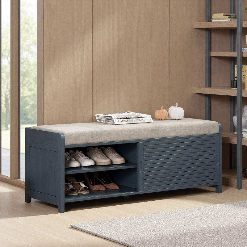 Shoe Bench With Storage And Cushion, Distressed Shutter Storage Bench With Retro Charm For Living Room, Navy