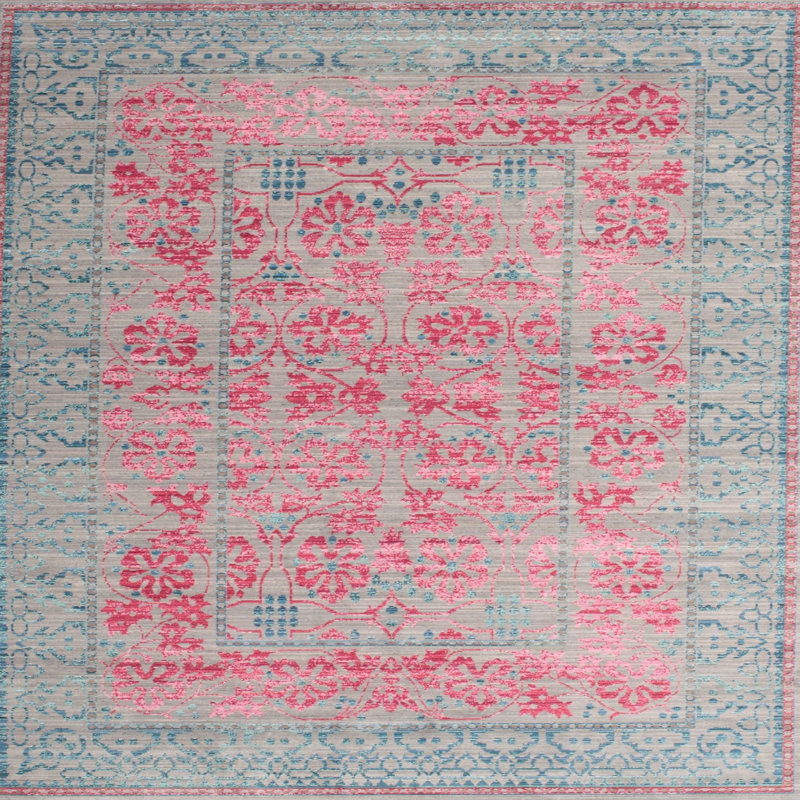 Tapis oriental bleu / rose en laine, Rond 7 pi