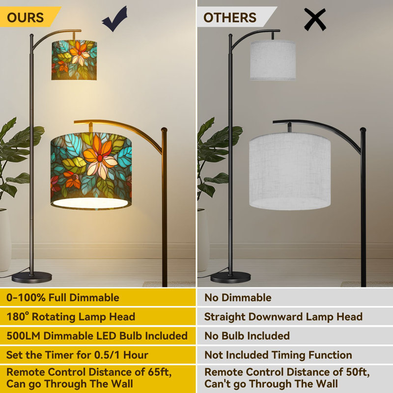 Lampe sur pied à arc avec fleurs en verre teinté et anges avec lampes à DEL et abat-jour réglables Grandes lampes debout pour le bureau de lecture