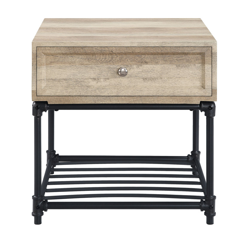 Table de bout élégante de style industriel avec options de rangement contemporaines en chêne et gris sable