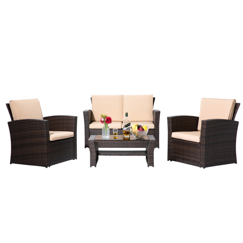 Ensemble de conversation en osier / rotin pour 4 personnes avec coussins, Beige, Marron