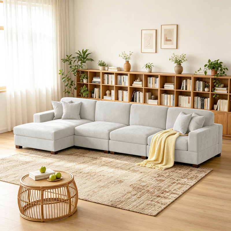 4 - Piece Upholstered Offwhite Chenille Modular Sectional Sofa with Armrests & Throw Pillows, Off White Chenille