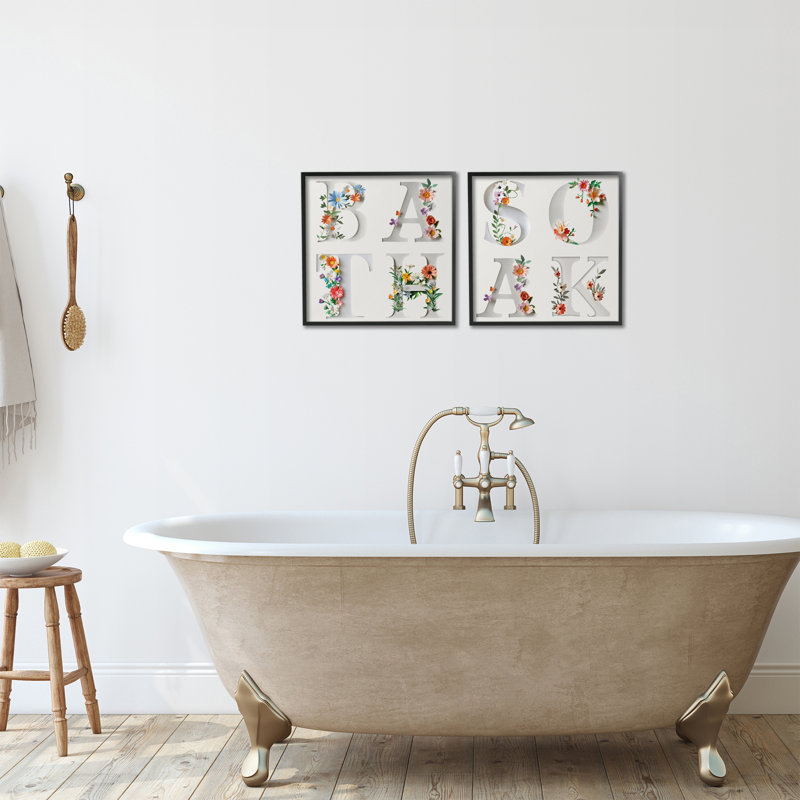 «Relaxing Floral Bathroom Typographie», ensemble de 2 giclées encadrées, design par Susan Arnot, H 12 po x l 24 po