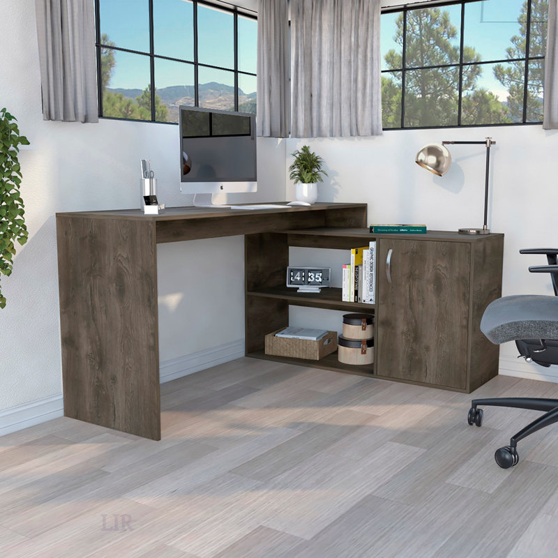 Bureau en L avec armoire à une porte et deux tablettes, durable et peu encombrant pour la maison ou le bureau, Marron foncé