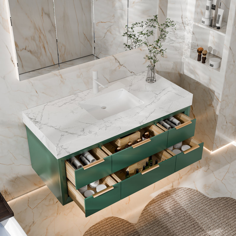 48" Wall-Mounted Single Sink Bathroom Vanity With White Stone Countertop, LED Light & Soft-Close Drawers, Modern Design, 48"