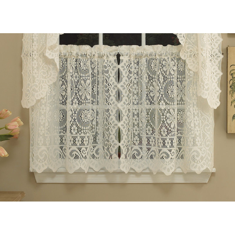 Bansal Damask Scalloped Cafe Curtain, 58" W x 36" L, Cream