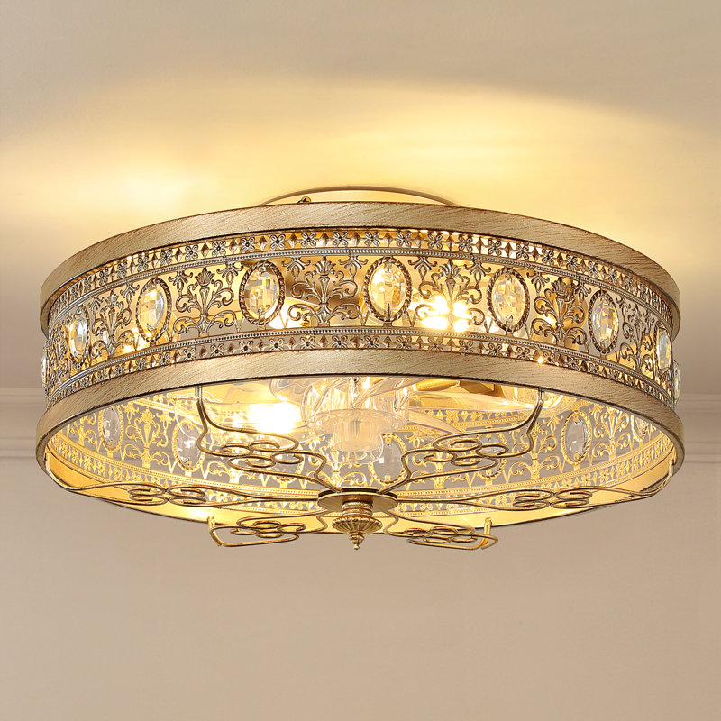 Ventilateur de plafond cristal doré avec lumière, moteur CC réversible à 6 vitesses silencieux, télécommande
