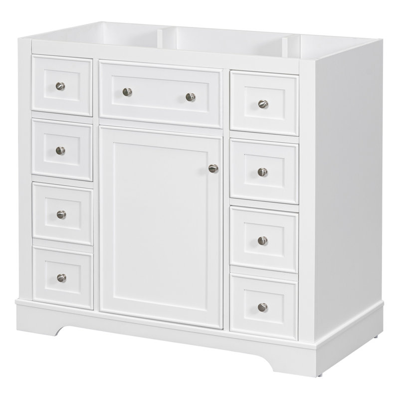 Meuble-lavabo simple blanc 36 po, sans lavabo, base d'armoire seulement, comptoir et éclaboussures en quartz blanc pur Edge, 1 porte à fermeture douce, 9 tiroirs à queue d'aronde pleine extension, nickel brossé