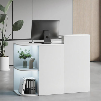 Modern Reception Desk with Open Shelving, Lockable Drawers and Built-In Power Outlets