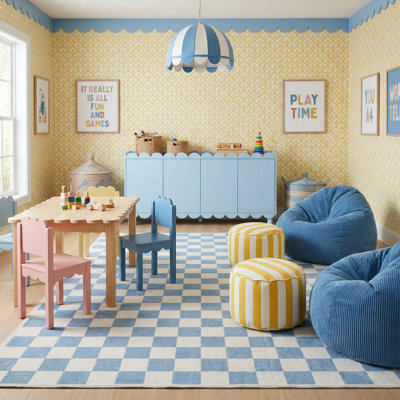 Tapis à motif damier bleu / blanc pour enfant 7 pi x 10 pi (6 pi 7 po x 9 pi 6 po) Branch Branch Jaque