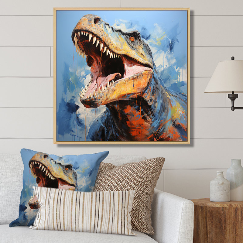 Blue Dinosaur Hunters - Dinosaurwall Art, 36" H x 36" W x 1.5" D, Brown Floater Framed