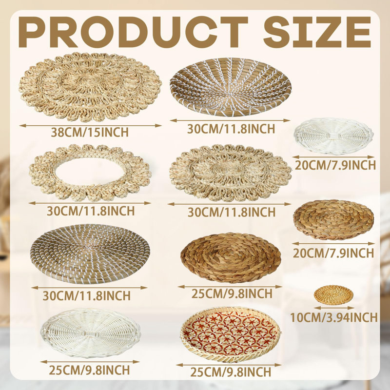 Handcrafted Round Seagrass Boho Wall Basket Set, 15 Pieces