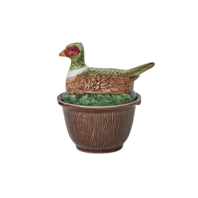 Ceramic pheasant-shaped covered dish with a wood-grain textured base.