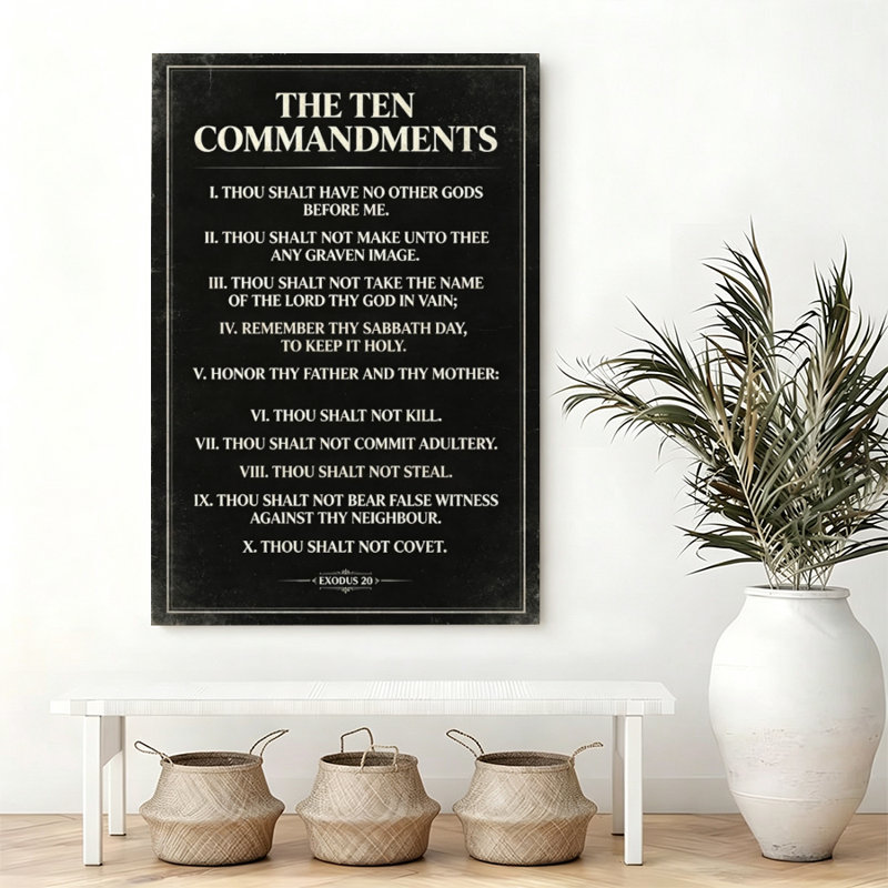 Toile, reproduction d'art classique, dix commandements sur toile, fond noir, typographie blanche, toile tendue avec châssis pour bureau personnel
