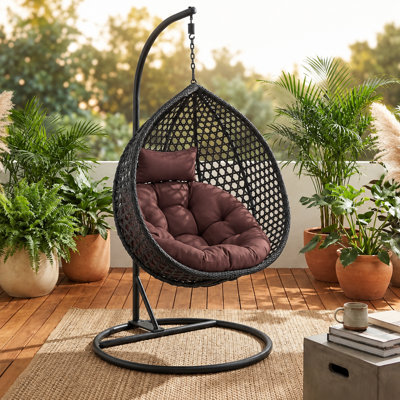 Chaviano Outdoor/Indoor Wicker Egg Chair with C-Stand, Teardrop Swing Chair with UV-Resistant Cushion for Patio, Garden & Porch