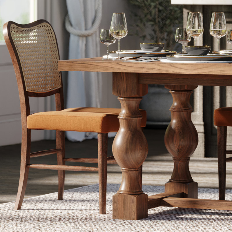 Maven Lane Vera Classical Wooden Dining Chair in Aged Natural Finish with Clay Canvas Fabric Upholstery, Set of 2, Brown