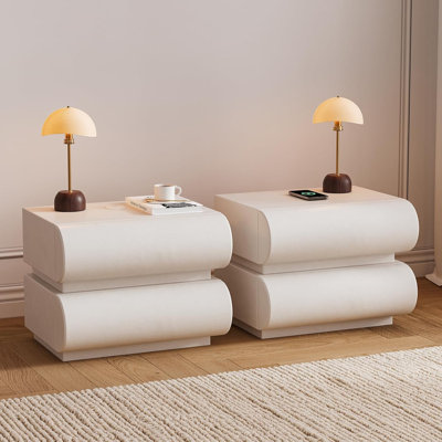 Humply Modern Smart Nightstands White Faux Leather with Wireless Charger 2 Drawers Set of 2