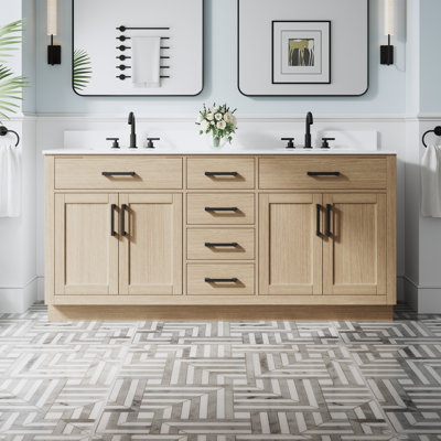 Meuble-lavabo autoportant en bois massif de 72 po x H 35 po avec comptoir en marbre de culture blanc et double lavabo en céramique, chêne