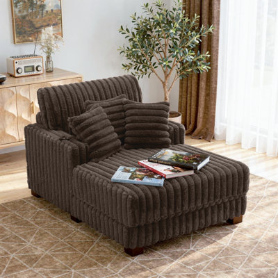Upholstered Faux Fur Chaise Lounge Sofa Bed Couch With Cup Holder And Throw Pillows