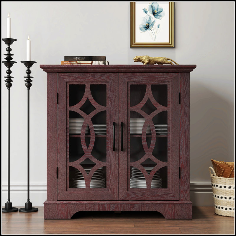 Spacious Sideboard With 2 Clear Tempered Glass Doors And Adjustable Shelf For Dining And Living Room Storage, Ox Blood Red