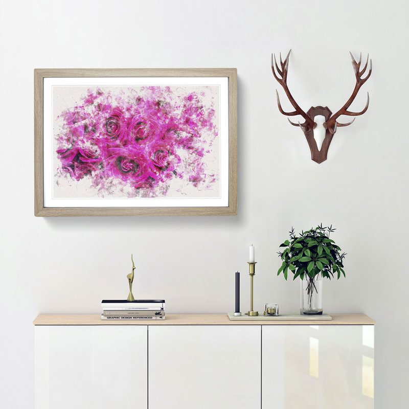 Wall Of Bright Pink Roses Watercolour - Picture Frame Graphic Art, 62cm H x 87cm W x 2cm D, Oak