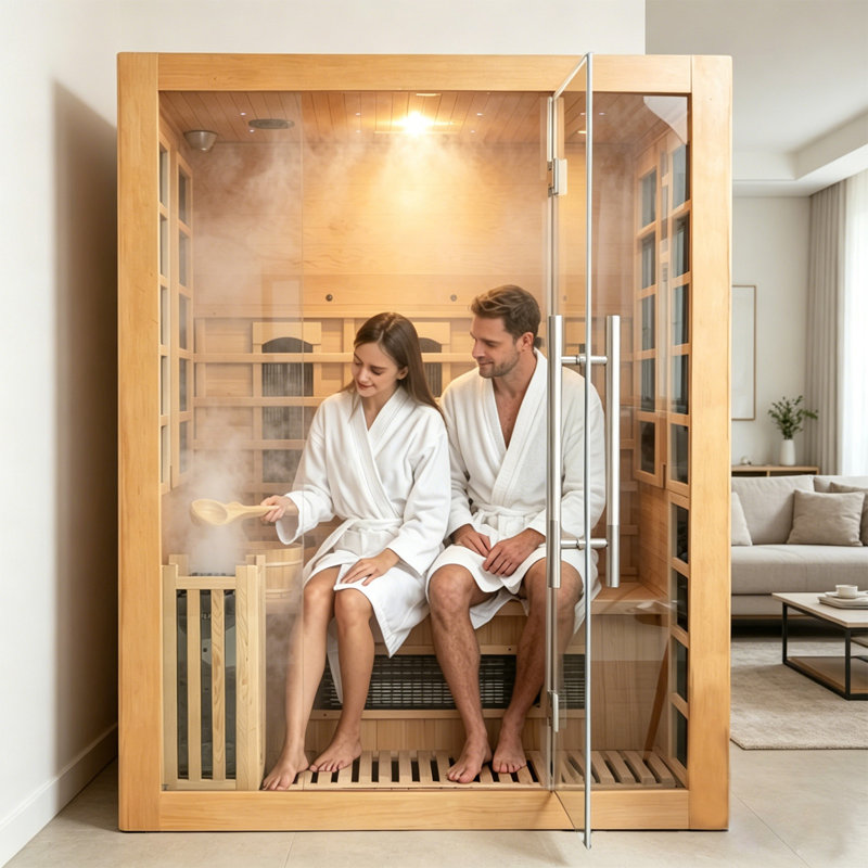 Hylivesaunas Wood Hybrid Home Sauna for 3 Person, Far Infrared & Steam Dual System Indoor Traditional Saunas, 3KW/4.5KW, 10 Heating Elements and Heating Stove, Speaker, Oxygen Bar, Water Bucket, Rocks, Hemlock
