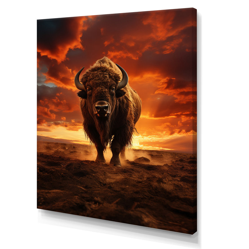 «Orange Brown Buffalo Silhouette Serenade», reproduction sur toile, H 32 po x l 24 po x P 1 po, Toile tendue