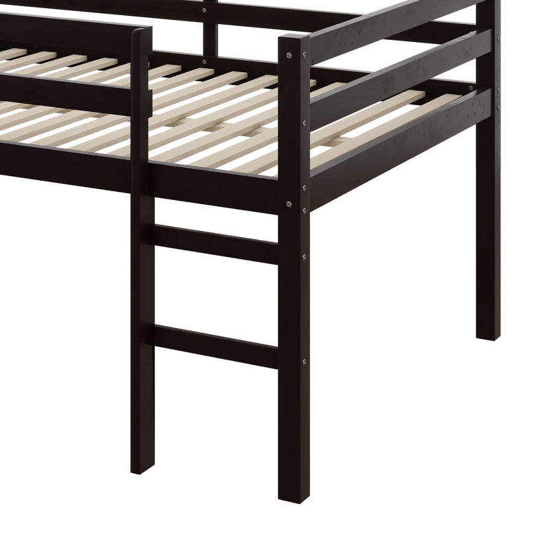 Full-Sized Bed Frame, Short Rubberwood  Loft Bed With Steps, Espresso