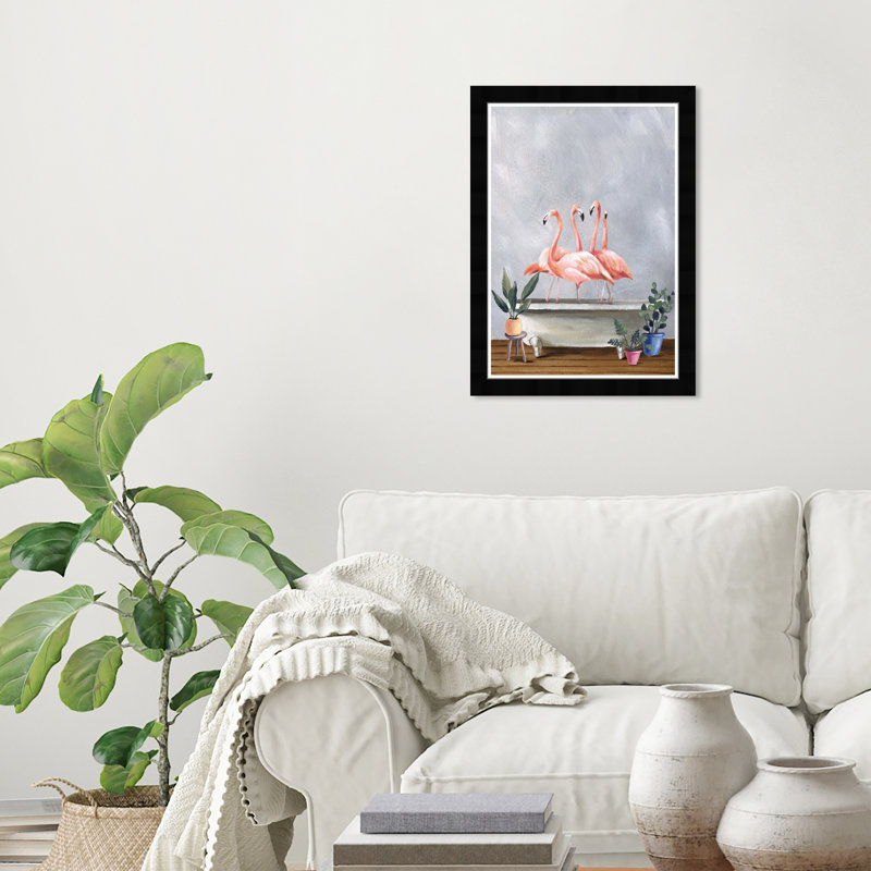 «Animals Flamingo Bath Birds» - Reproduction d'art graphique sur papier encadré