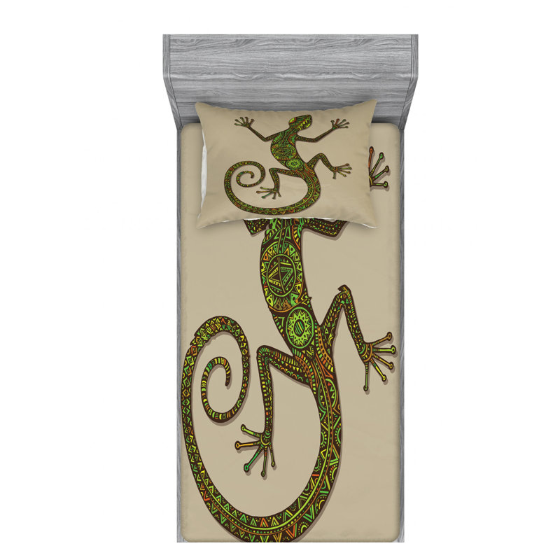 Green Tan Microfiber Twin Sheet Set with Lizard Pattern