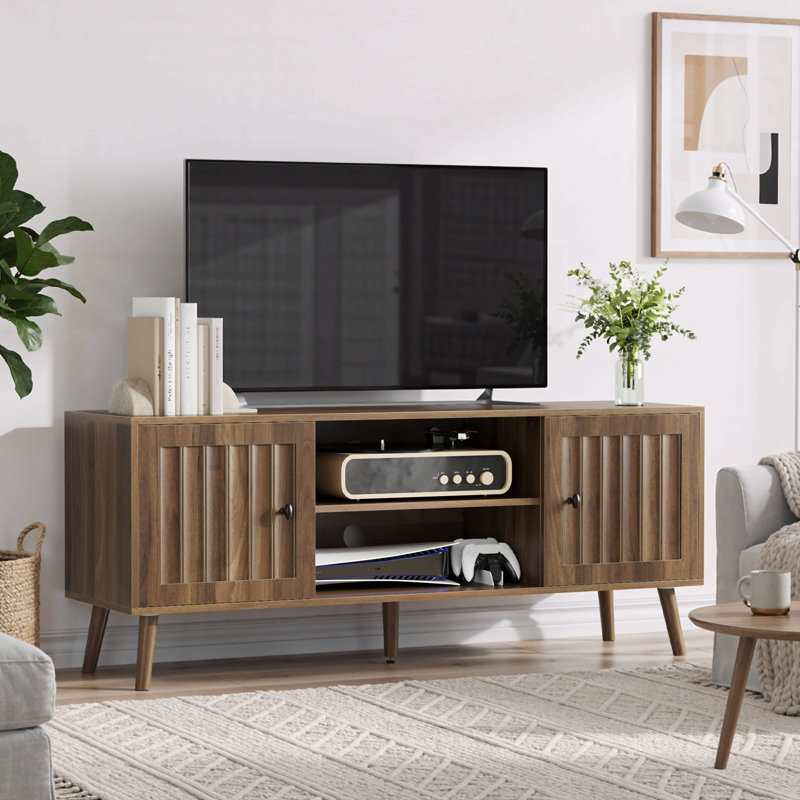 55-Inch Wooden Tv Cabinet With 2 Vertical Groove Doors, Adjustable Storage Shelves, Living Room Storage Cabinet, Entertainment Center With Storage Space, Walnut Color