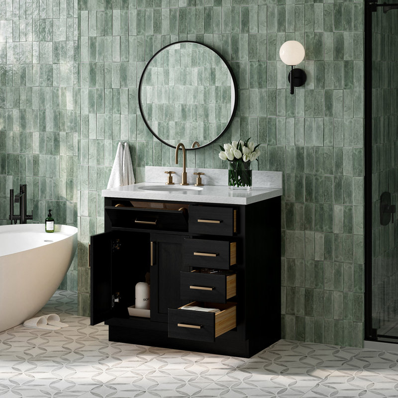 Meuble-lavabo simple en bois massif 36 po Tidworth avec plateau en marbre de Carrare 1,5 po, Gauche, Ovale