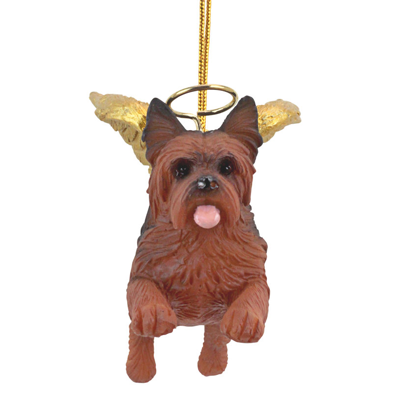 Yorkie Angel Ornament with Golden Wings in Resin