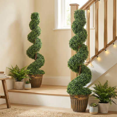 Faux Boxwood Tree Plant in Cement Freestanding Planter