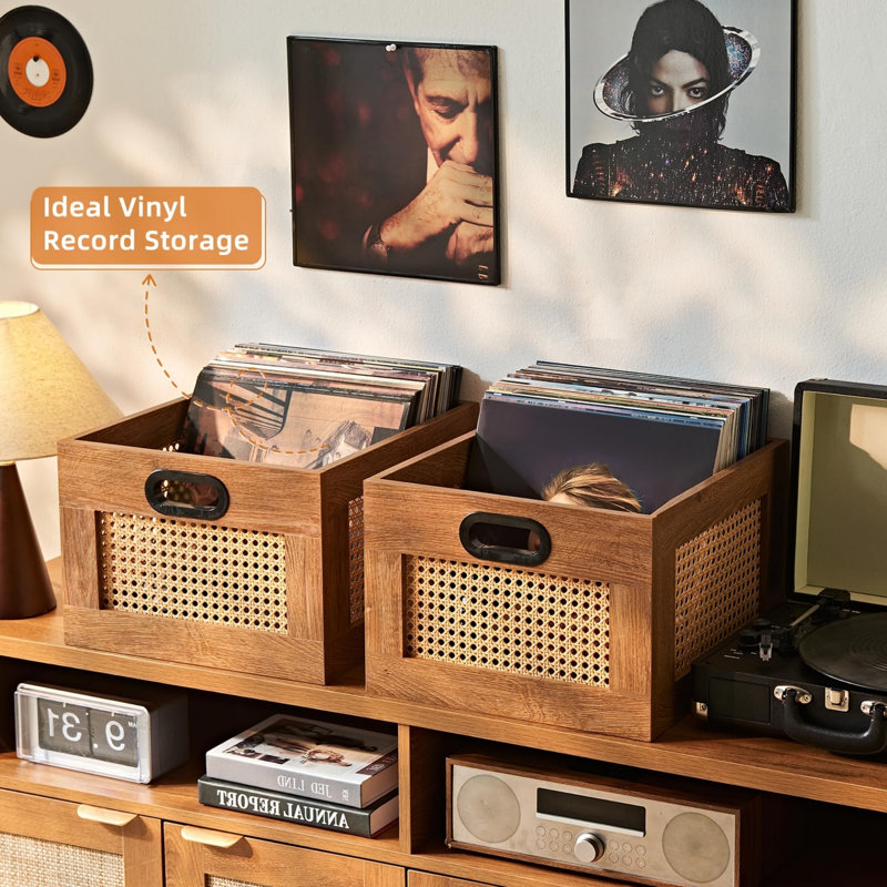 Rattan Vinyl Record Storage Crate with Handle, Holds 75 LPs, Brown
