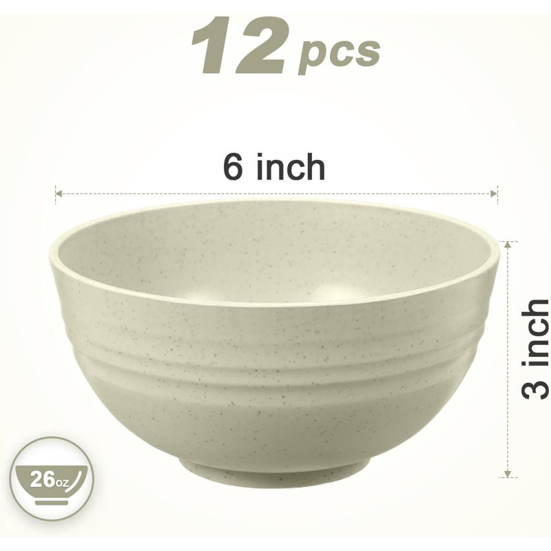  Ensemble de bols pour la cuisine allant au micro-ondes et au lave-vaisselle, ensemble de 12 bols de céréales incassables, ensemble de bols en paille de blé de 26 oz, bols en plastique réutilisables pour la soupe, la salade et le goûter, sans BPA, beige