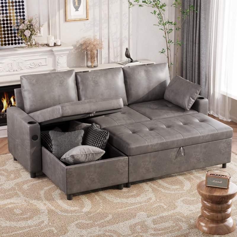 Canapé-lit convertible 83,5 po avec lit escamotable, Cuir gris