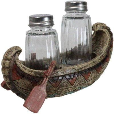 Southwestern Native Tribal Indian Canoe Boat Salt And Pepper Shakers Holder Set