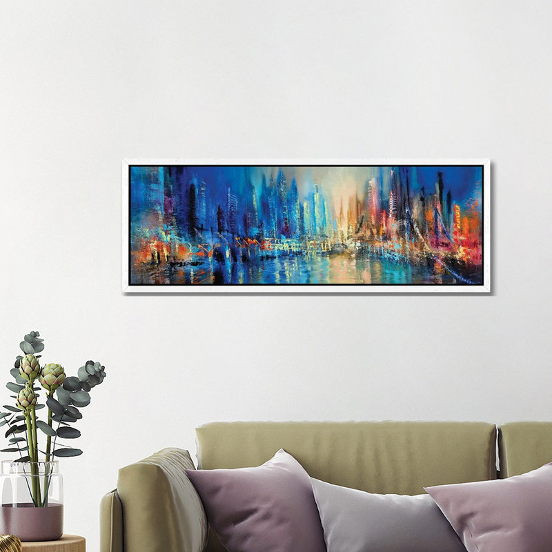 The Town by David Stribbling - Panoramic Painting on Canvas, 121.92 cm H x 40.64 cm W, White Framed