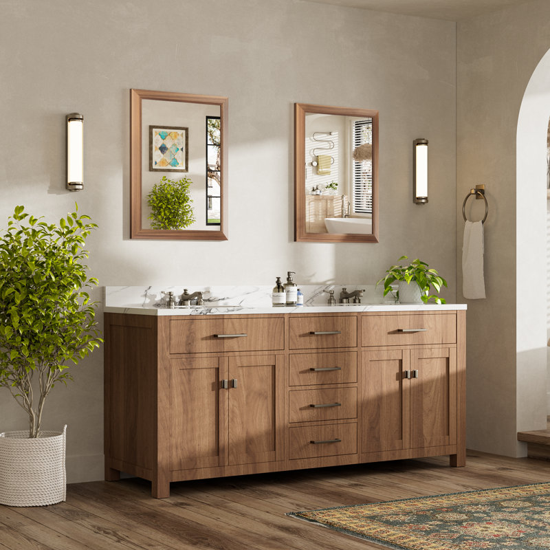 Miroirs de salle de bain modernes et contemporains en métal biseauté rectangulaire / carré avec verre trempé HD, Bois brun