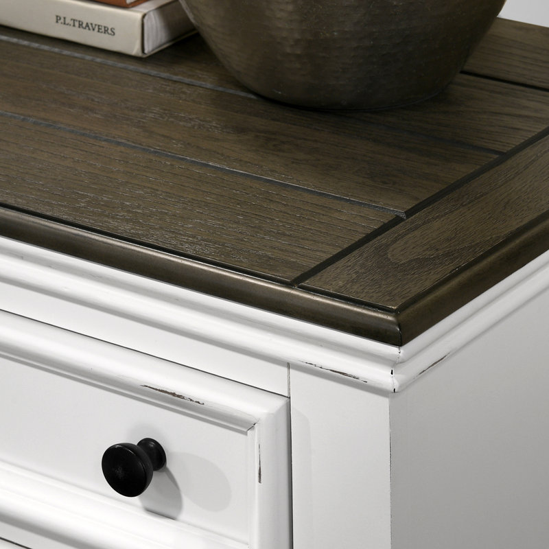 Table de chevet à 3 tiroirs en bois, blanc vieilli et gris