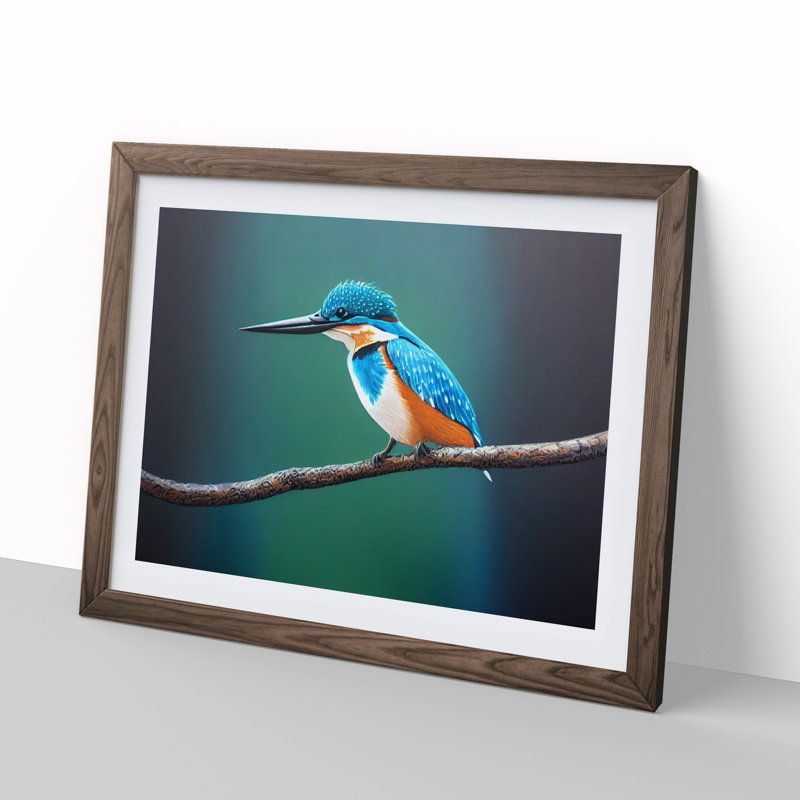 Desirable Kingfisher Bird - Single Picture Frame Print, 34cm H x 46cm W, Walnut