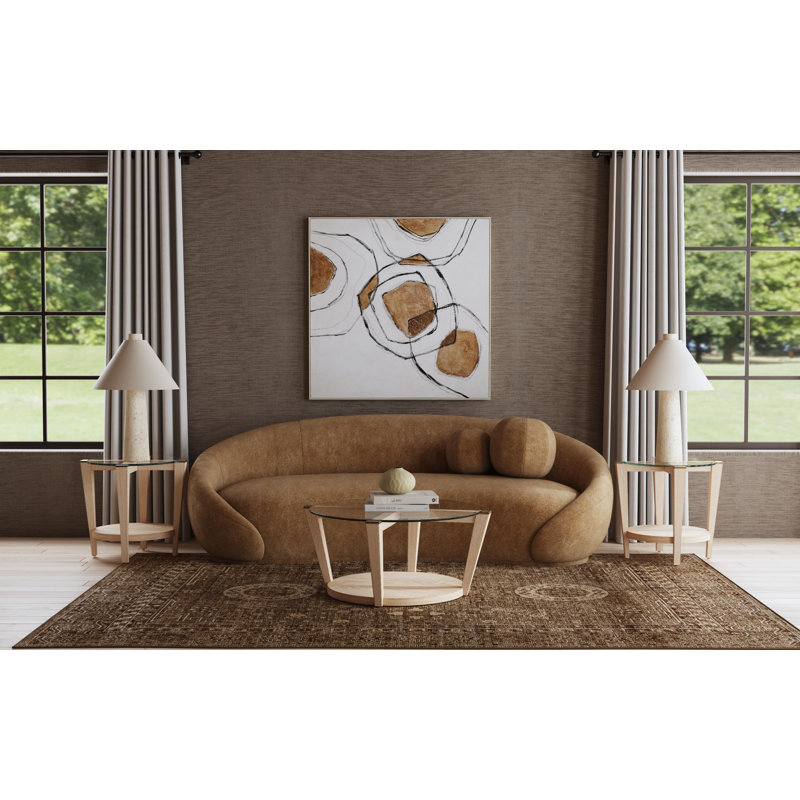 Round Bleached Oak and Glass End Table with Antique Brass Accents