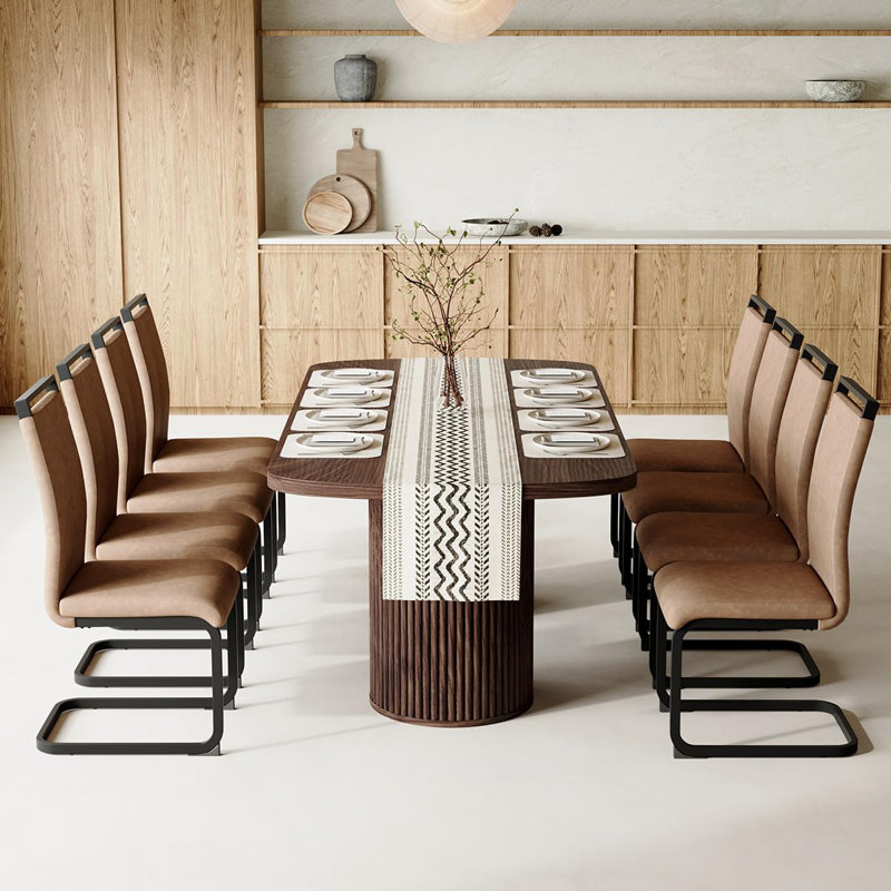 Ensemble de table de salle à manger en noyer de 79 po pour 8 personnes, grand ensemble de table de salle à manger pour 8 personnes avec base à double piédestal cannelée et chaises rembourrées