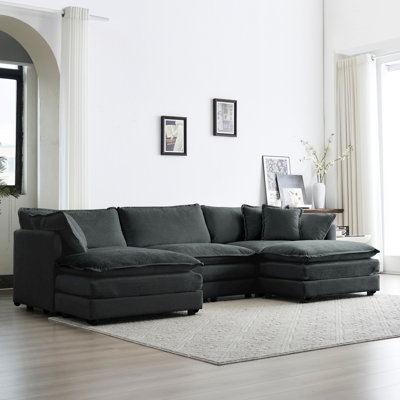 Canapé modulaire en U en forme de U avec 2 repose-pieds, 5 chenilles grises, tissu confortable, repose-pieds réversible moderne en bois massif, structure en chenille
