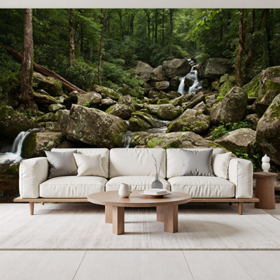 Papier peint adhésif cascade cascades en cascade forêt cascades murales de roches couvertes de mousse d'eau H 69 po x l 96 po amovible papier mural en PVC auto-adhésif pour chambre à coucher salon bureau à domicile