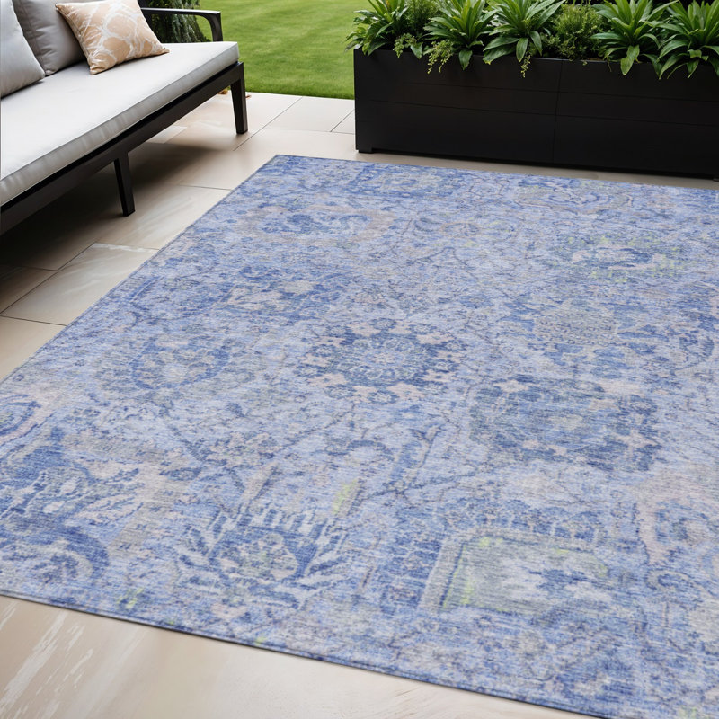 Tapis lavable intérieur / extérieur ivoire et gris 5 pi x 8 pi bleu ciel